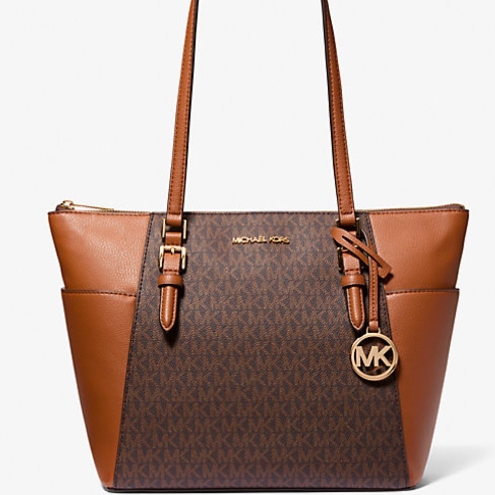 MICHAEL KORS CHARLOTTE LARGE LOGO & LEATHER TOP ZIP TOTE - Picture 4 of 8